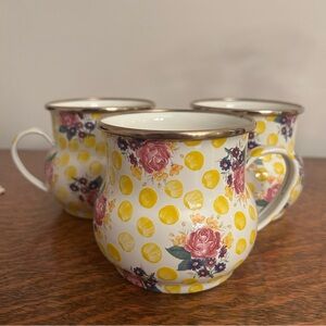 3 Vintage MacKenzie Childs discontinued “Buttercup” Floral Polka Dot Enamel Mugs